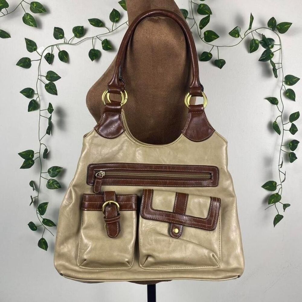 Y2K Tan & brown faux leather hobo shoulder bag gold hardware cargo pockets chunk